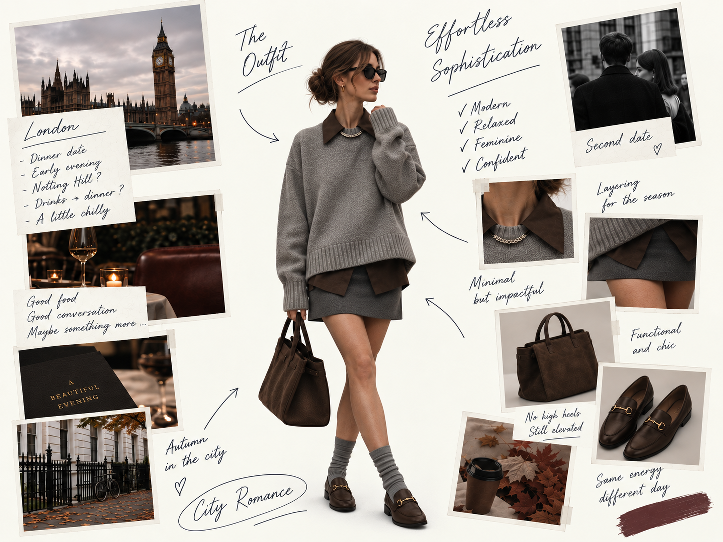 An oversized grey knit styled with a mini skirt and loafers for a London dinner date, annotated 'City Romance'.
