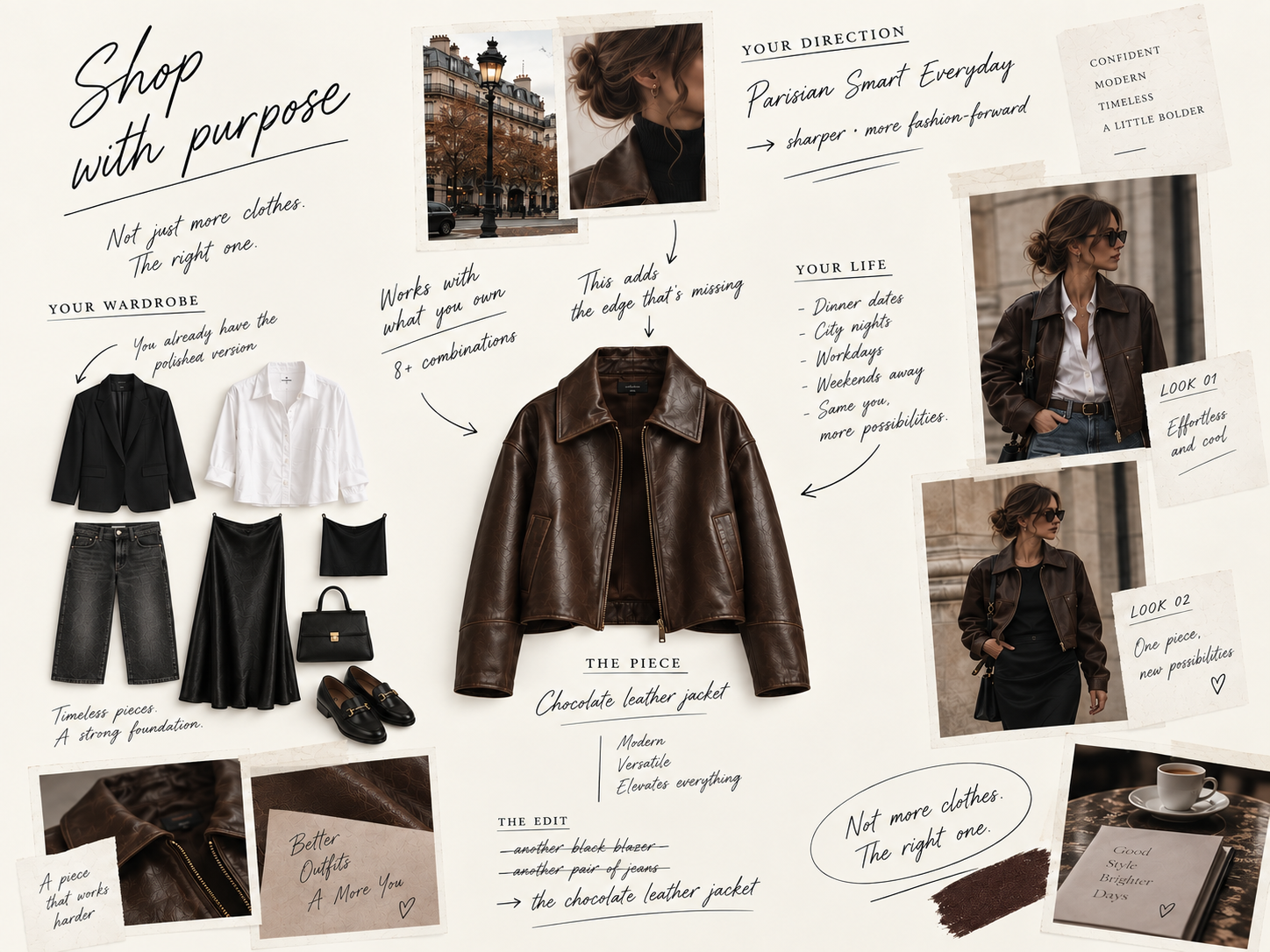 A chocolate leather jacket shown against the wearer's existing wardrobe and styled two ways, captioned 'Not more clothes. The right one.'