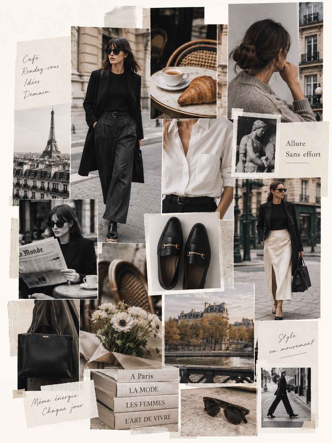 A Parisian style mood board: black tailoring, a café terrace, a view of the Eiffel Tower, loafers and the words 'Allure sans effort'.