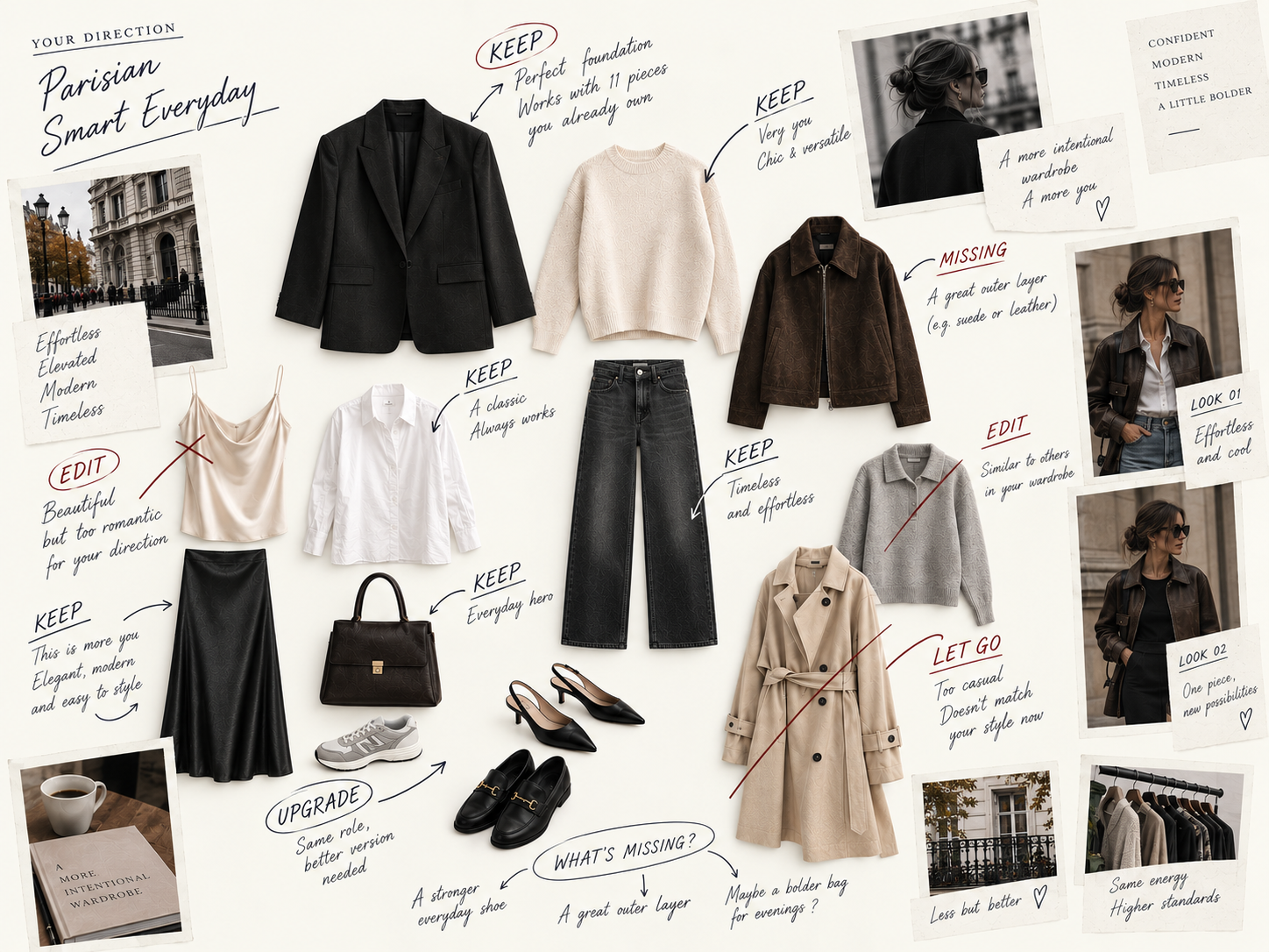 A wardrobe edit board marking pieces to keep, edit, upgrade or let go, with notes on what's missing.